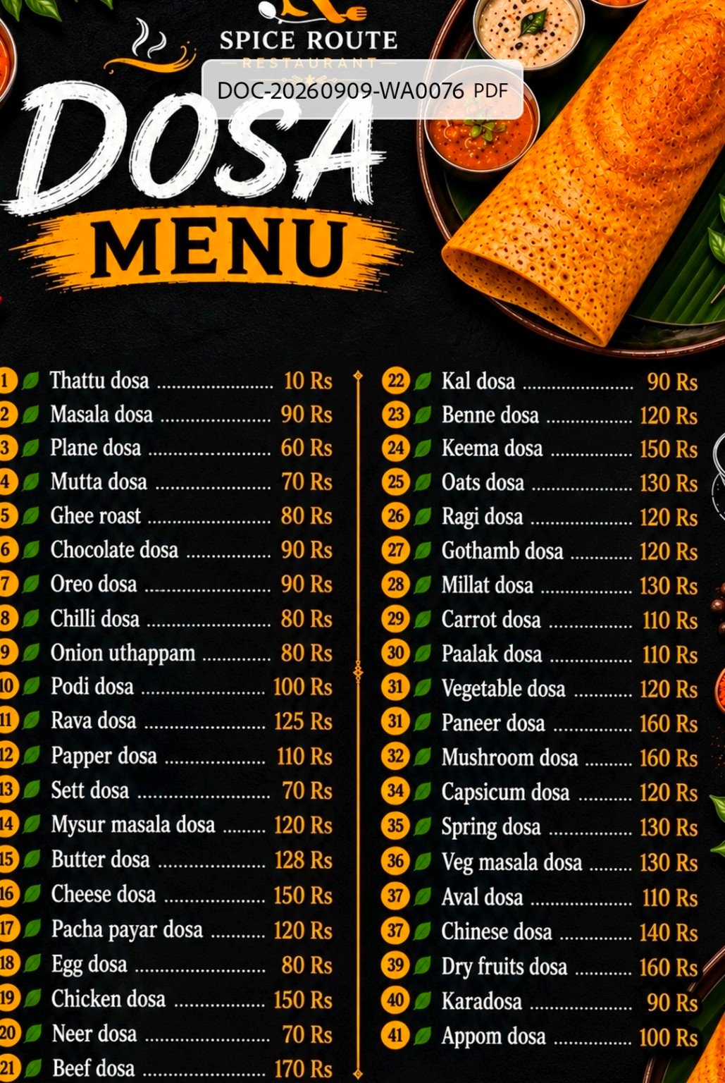 Spice Route Cafe menu page